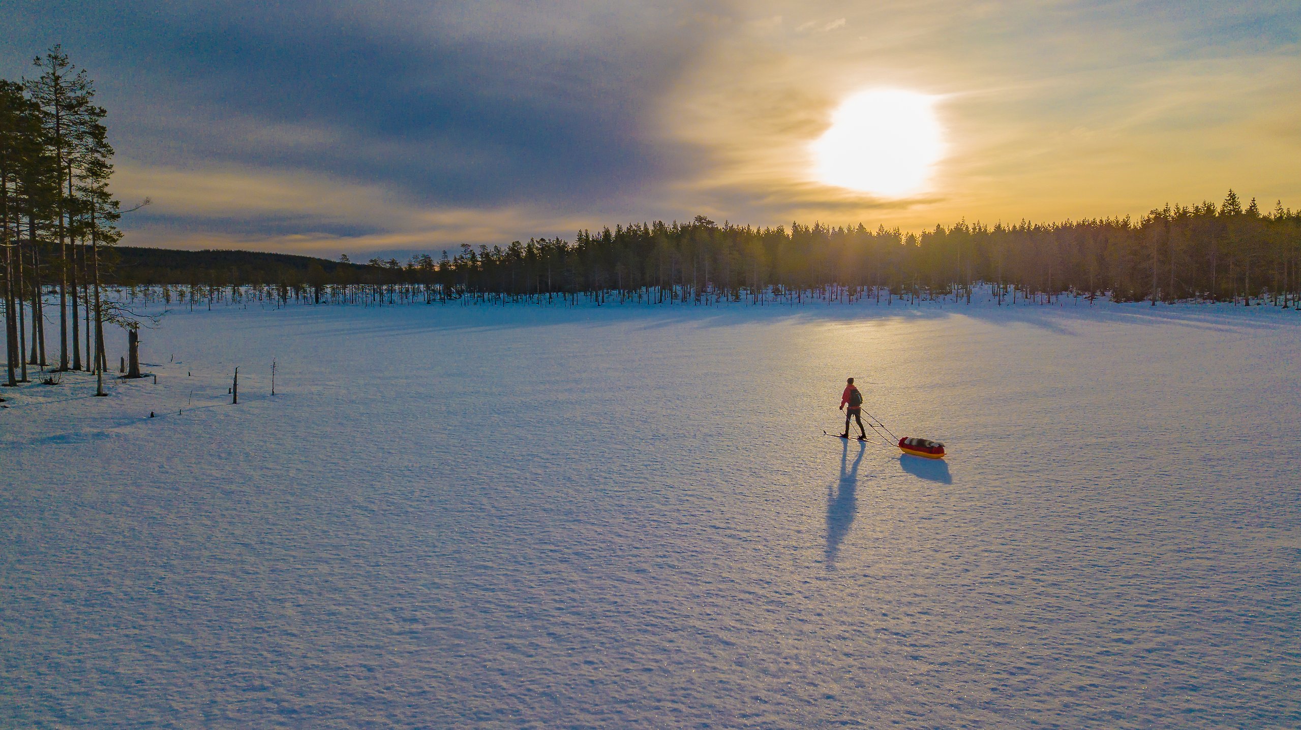 Person åker skidor över snötäck landskap