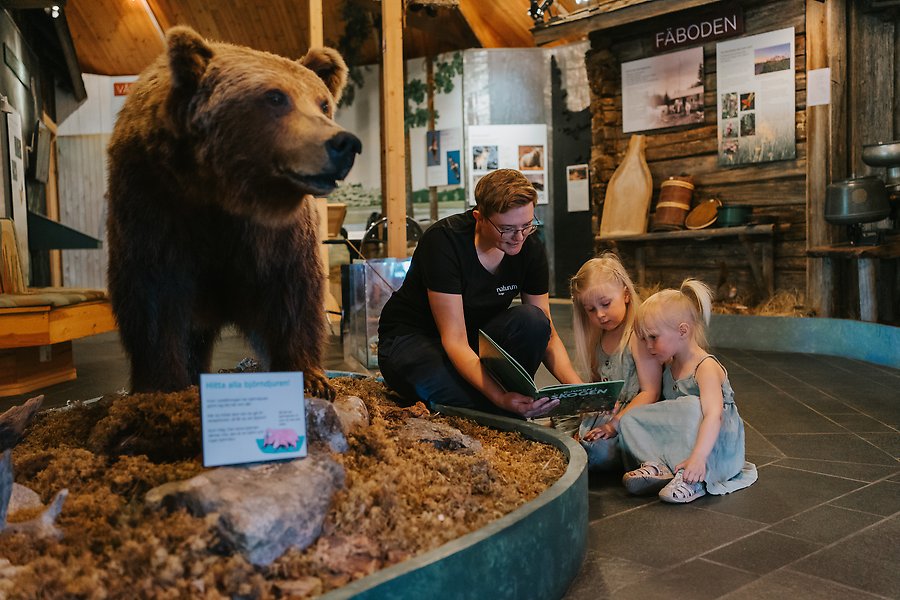 Två barn och en kvinna sitter på huk och kollar i en bok på museum framför en uppstoppad björn.